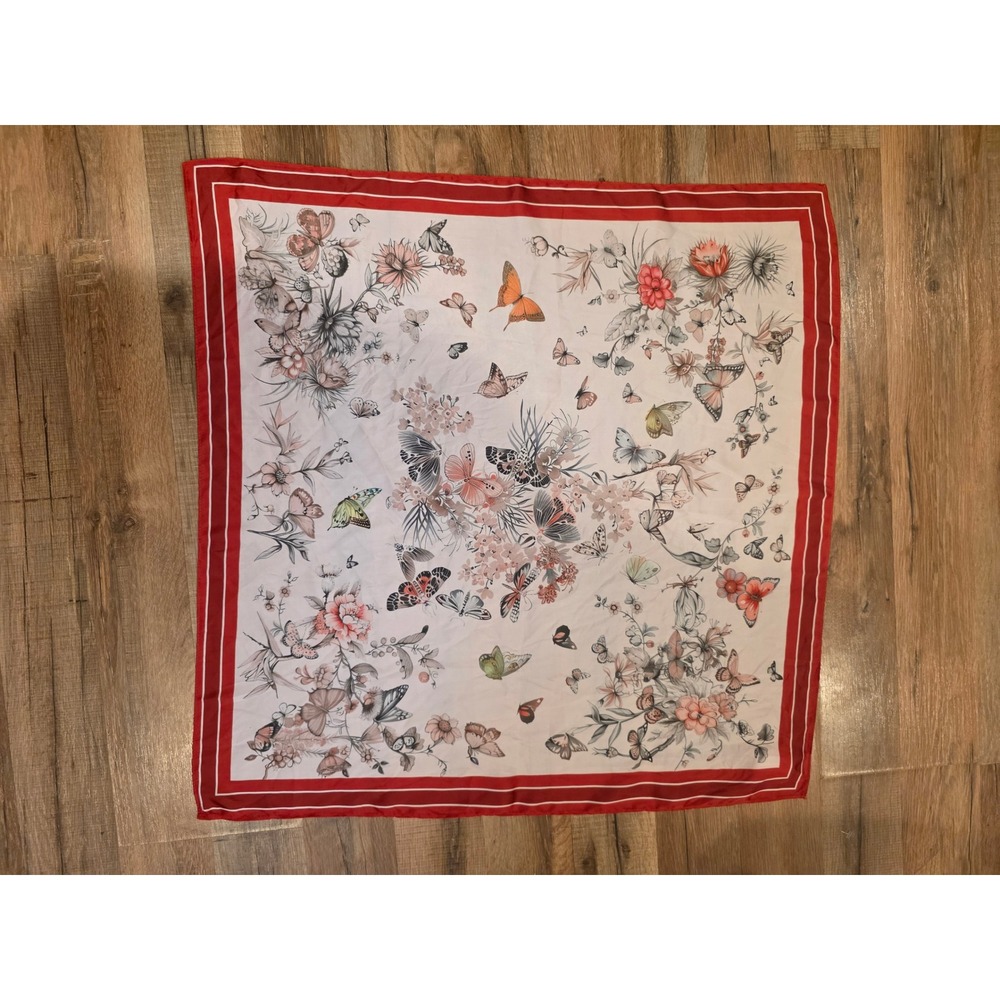 Butterfly Floral Scarf Red Cream Botanical Cottagecore Romantic Gardencore